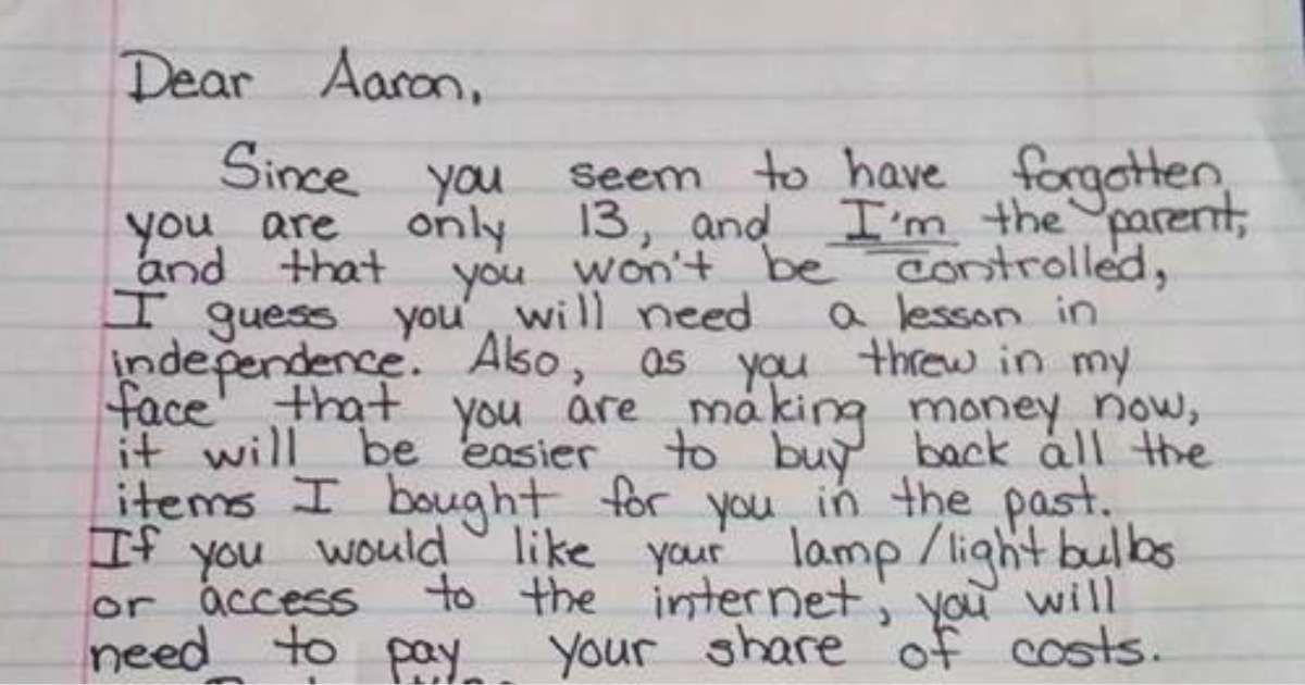 Mom's 'tough love' letter to 'entitled' 13-year-old son who just started earning money is an invaluable life lesson