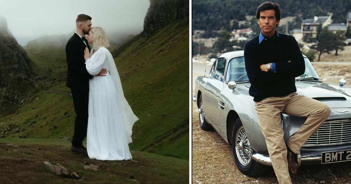 A James Bond–style Aston Martin DB5 rolled into their outback wedding photoshoot — with an offer