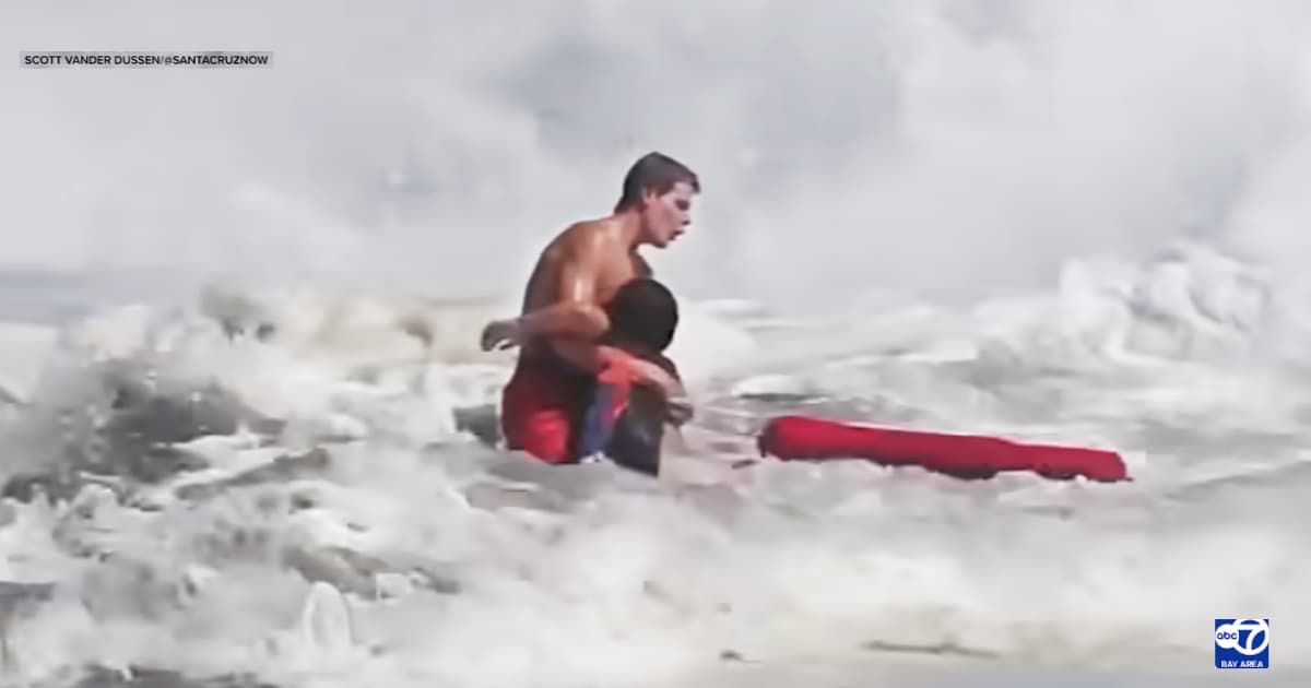Teen lifeguard rescuing drowning 10-year-old was hit by a monster wave. Instead of fighting it, he gave in