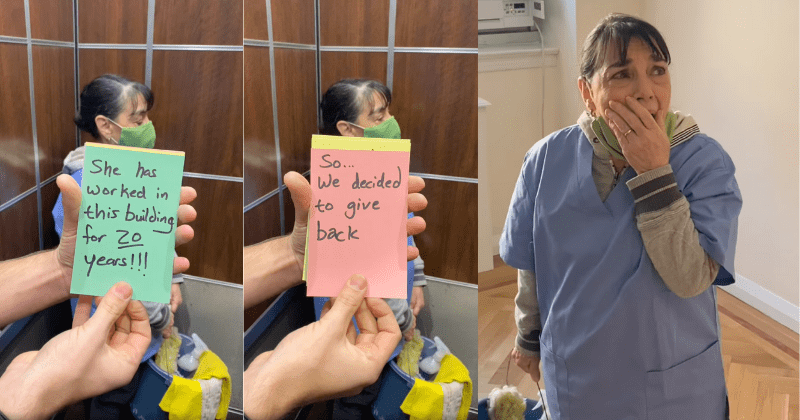 Beloved cleaning lady tears up after building residents surprise her with an apartment