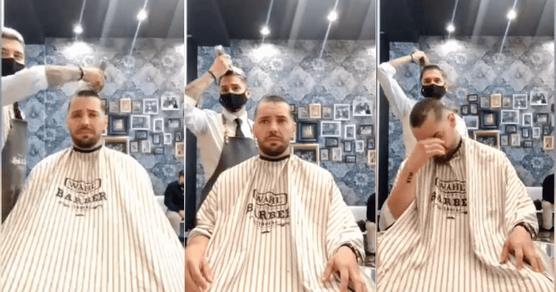 Barber shaves his own hair to show solidarity for co-worker with cancer