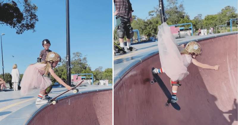 Fearless 6-year-old shows off skateboarding skills in a frilly pink dress and leopard-print helmet
