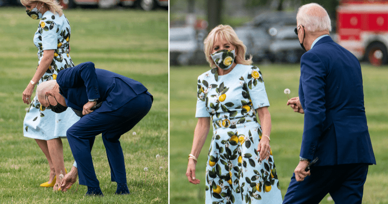 President Biden stops to pick a dandelion for first lady Jill before boarding Marine One