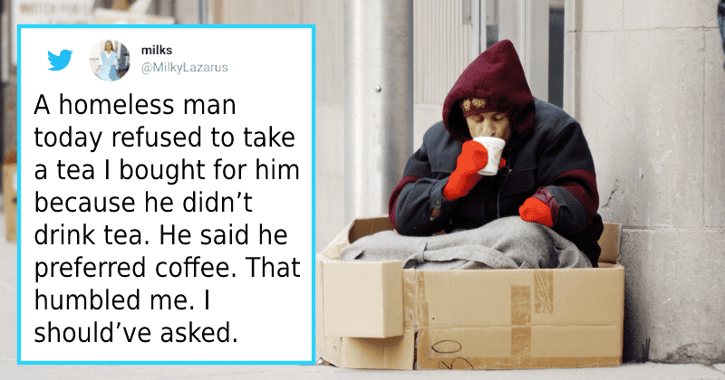 A homeless man rejecting tea from stranger as he prefers coffee sparks online debate