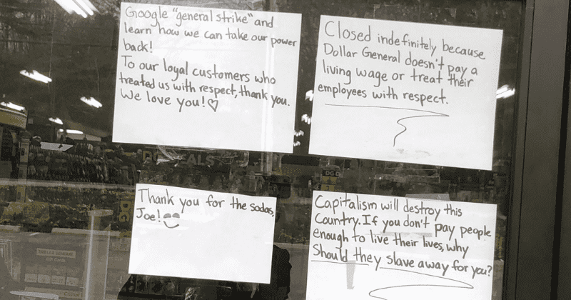 Dollar General workers protest poor wages; post handwritten resignations on store window and walk out