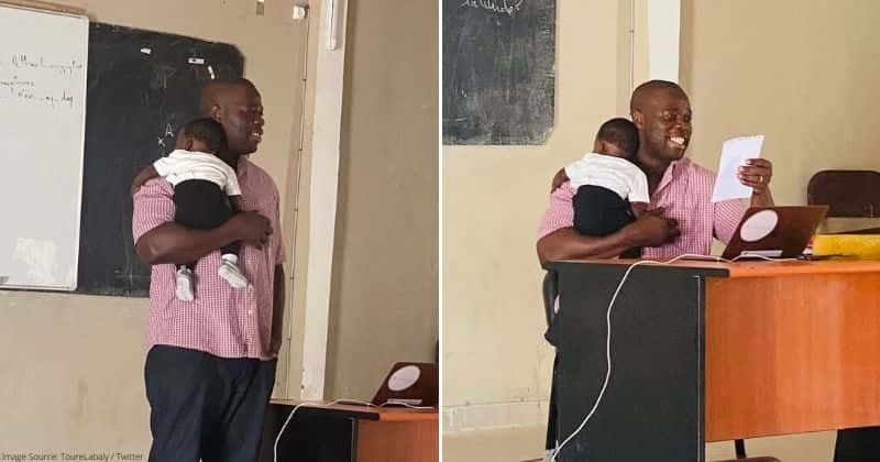 Professor cradles his student's baby during class in solidarity with moms in school