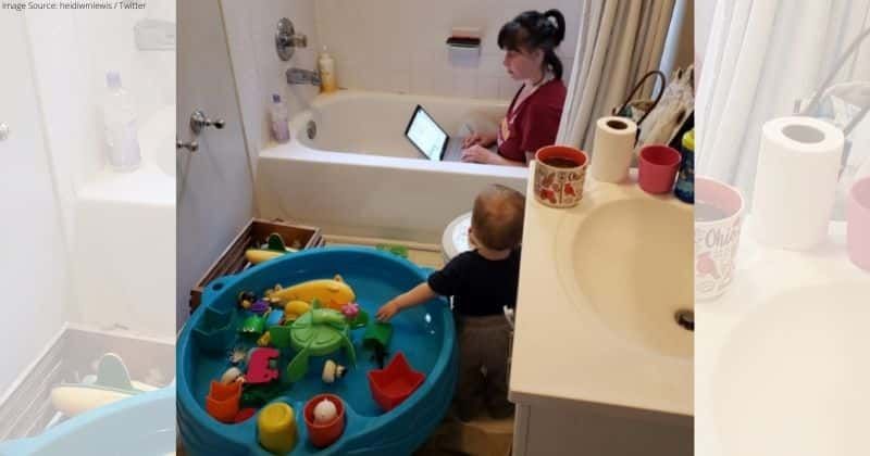 Photo of this mom working in the bathtub alongside her toddler highlights our care crisis
