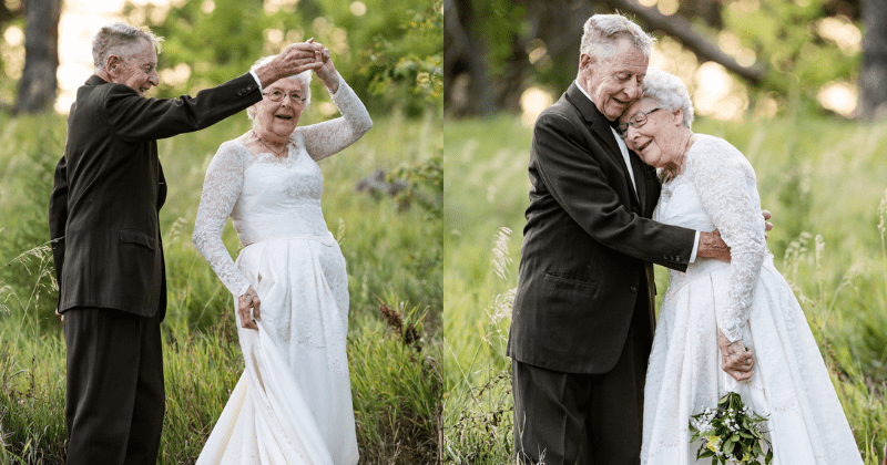 Couple celebrate 60 years of marriage wearing original wedding attire. Some marriages do last a lifetime.