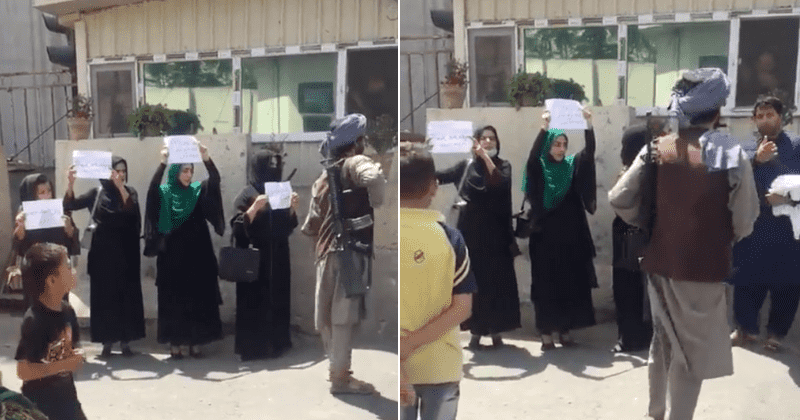 Brave Afghan women protest for their rights on Kabul streets while surrounded by Taliban fighters