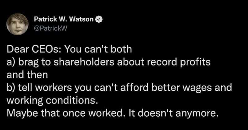 Twitter user claims CEOs shouldn't brag about profits while undercutting workers, sparks debate
