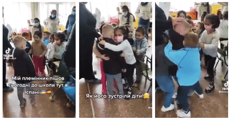 Heartwarming moment as schoolchildren shower their new classmate, a Ukrainian refugee, with hugs