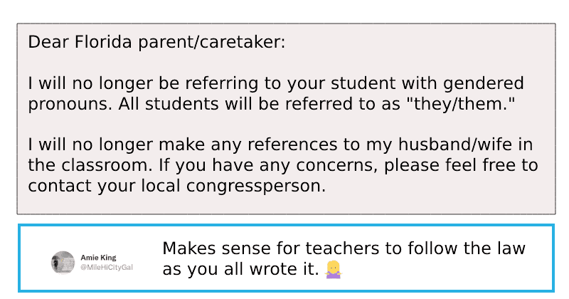 Teacher maliciously complies with 'Don't Say Gay' bill, to use they/them pronouns for all kids