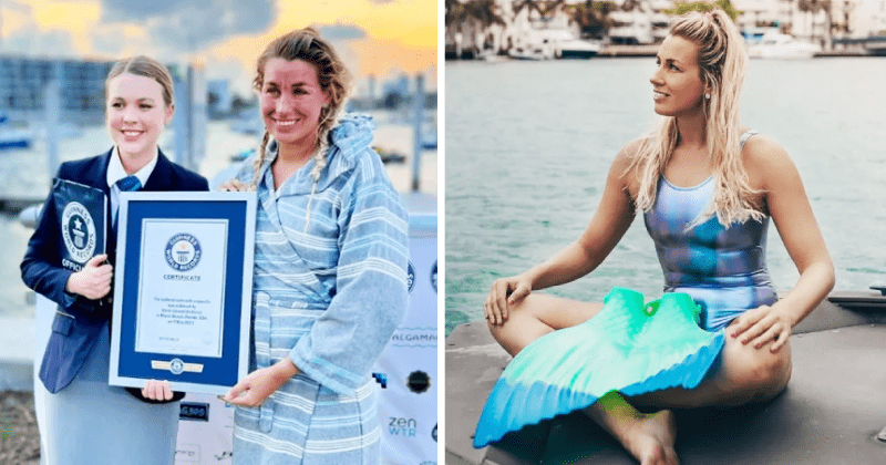 Woman sets new record for swimming in a mermaid fin, also collects trash while doing it
