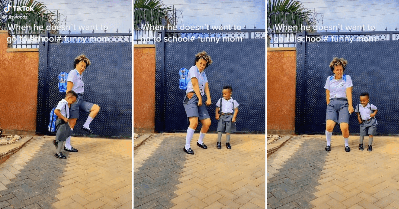 Mom dressed in school uniform hilariously rocks out with son who didn't want to go to class