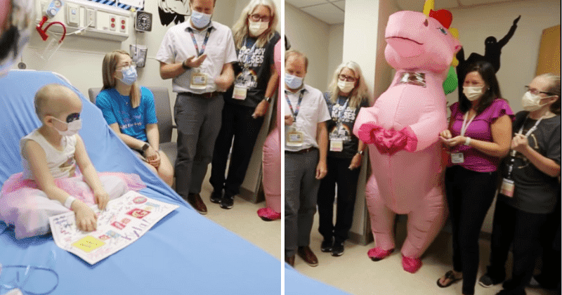 Doctor dresses up as pink unicorn to throw a 'no more chemo' party for a 4-year-old cancer survivor