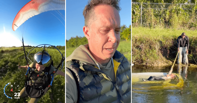 Paraglider makes an emergency landing to help save woman stranded on submerged car near alligator