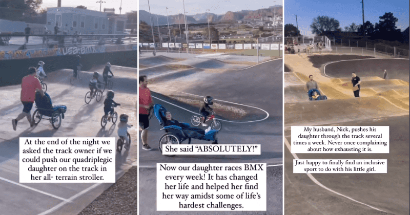 Daughter with disability enjoys BMX racing thanks to adorable Dad who pushes her stroller all the way
