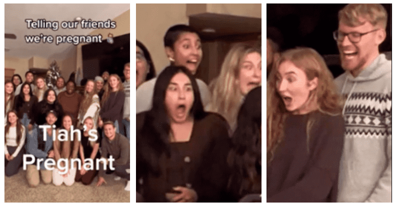Couple announces pregnancy during group photo with friends and they have the most amazing reaction
