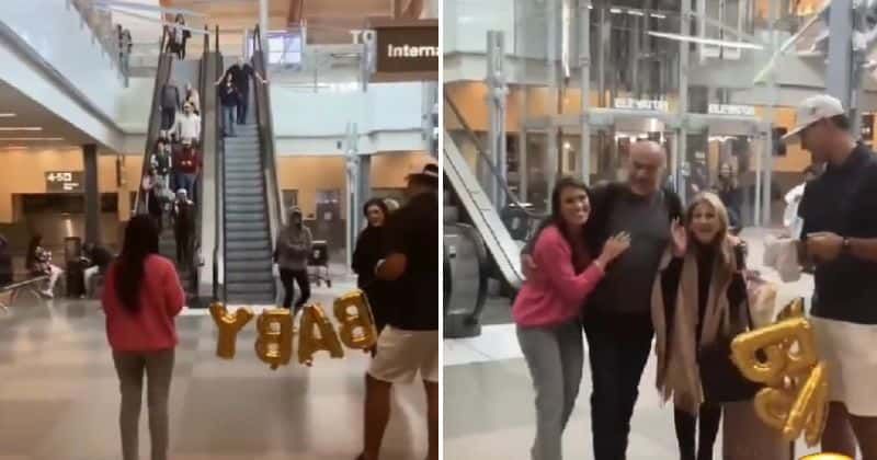 Woman surprises parents at airport with the news that they are going to be grandparents