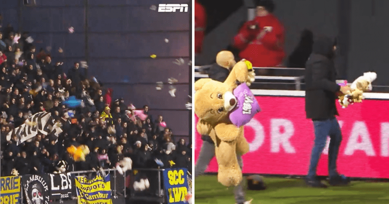 Soccer supporters throw stuffed toys to honor the rival team member's daughter who died days earlier