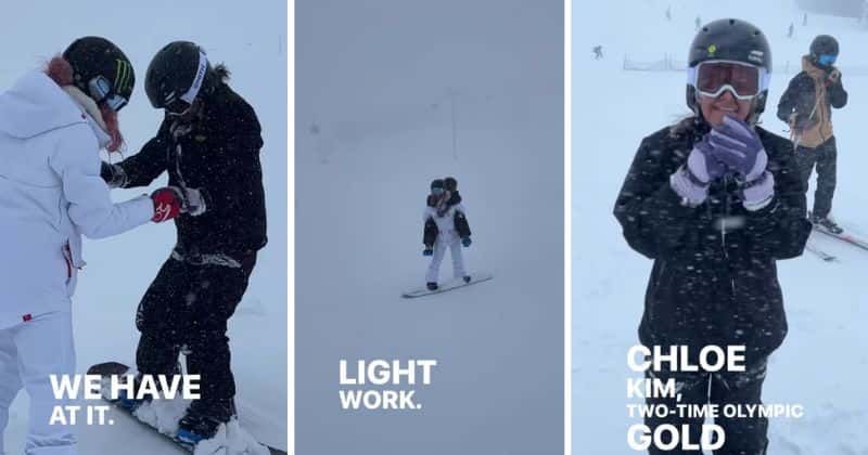 Olympian Chloe Kim carries struggling snowboarder down the hill at Mammoth Mountain in stunning video