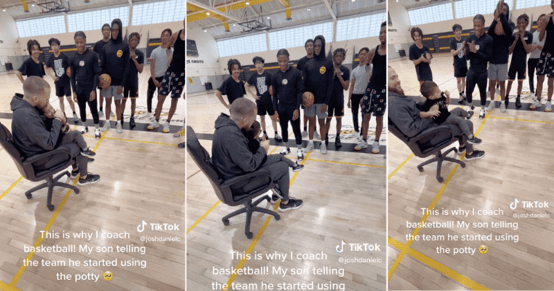 Basketball team cheers their coach's toddler for going potty by himself in heartwarming video