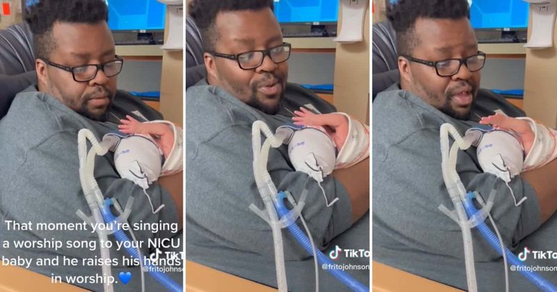 Touching moment dad holds and softly sings to his preemie baby for the first time in the NICU