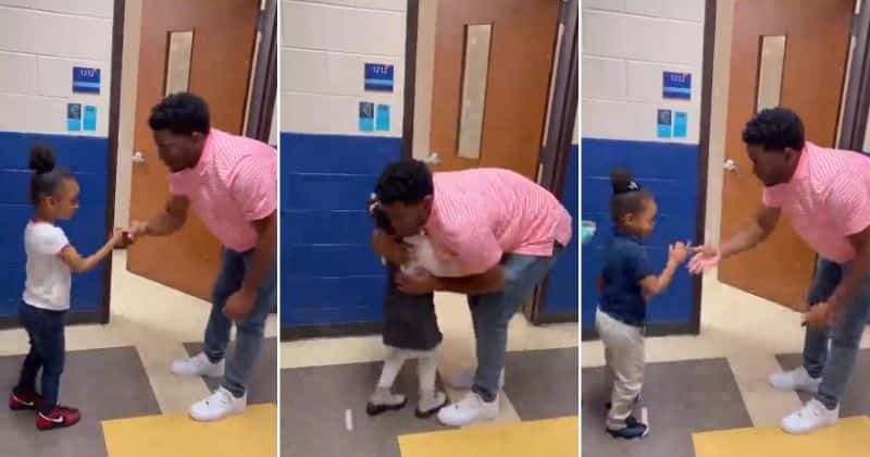 Pre-K teacher has a cool handshake for each student and it helps them express themselves