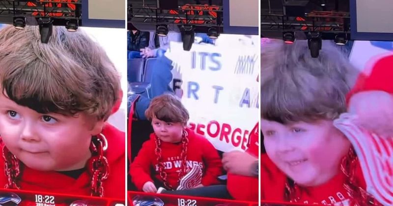 Cheeky four-year-old steals the show at ice hockey match as spectators cheer him on