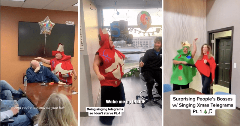 Woman surprises people's loved ones by singing telegrams at homes and workplaces