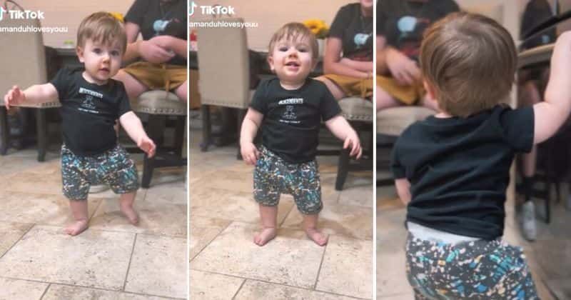 Toddler starts dancing after taking his first steps in hilarious video: 'Too cute man'