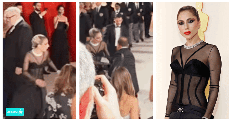 Lady Gaga rushes to help a photographer after he falls on the Oscars red carpet