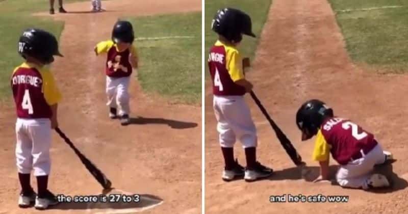 Kid who lives for drama does his own slow-motion replay while playing baseball