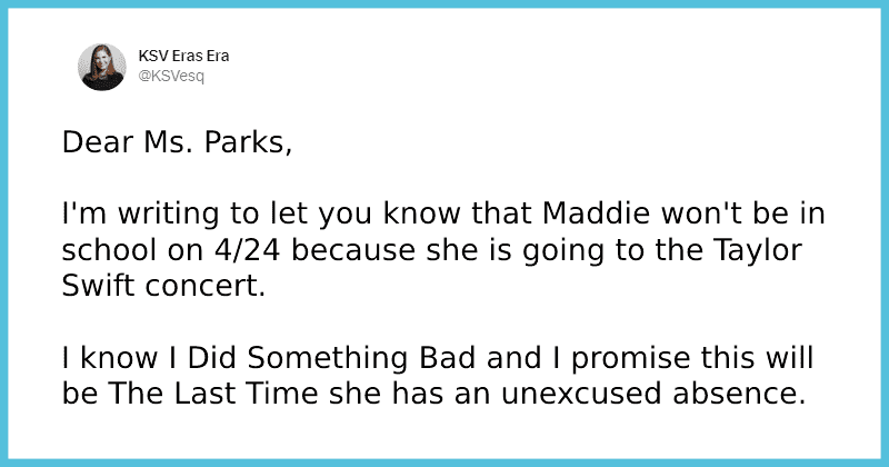 Mom uses Taylor Swift songs to excuse daughter from school for 'Eras Tour' and it's hilarious
