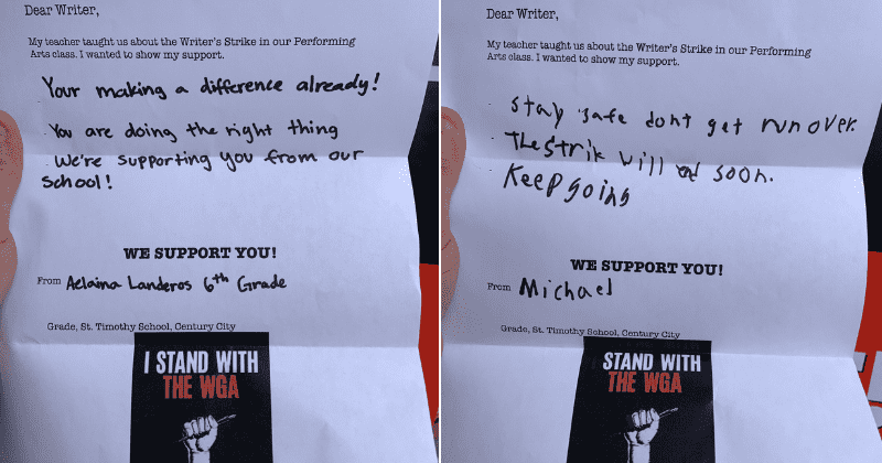 Sixth graders write letters to motivate and support the writers on strike: 'Keep going'