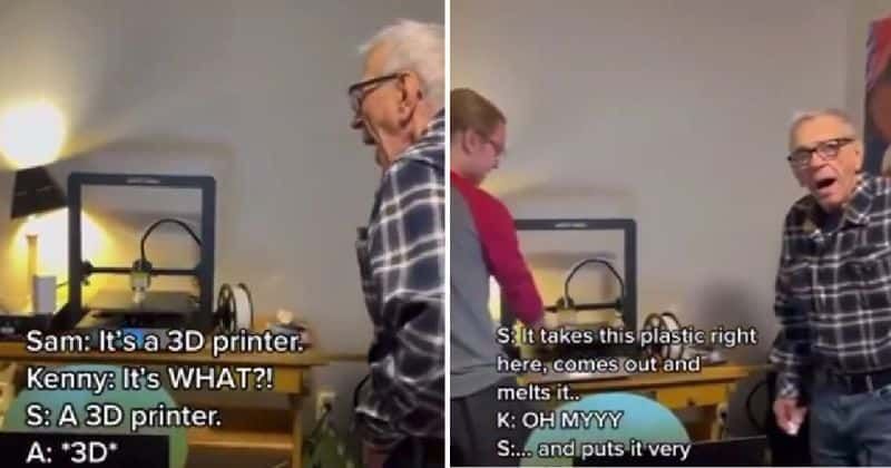 Grandpa is amazed at grandson's 3D printer and his sense of wonder is something to behold