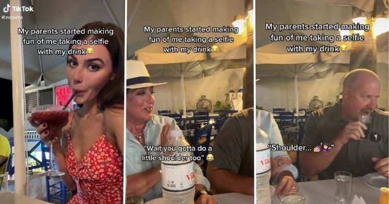 Dad hilariously imitates his daughter taking a selfie with a drink in hand: 'Parents of the year'