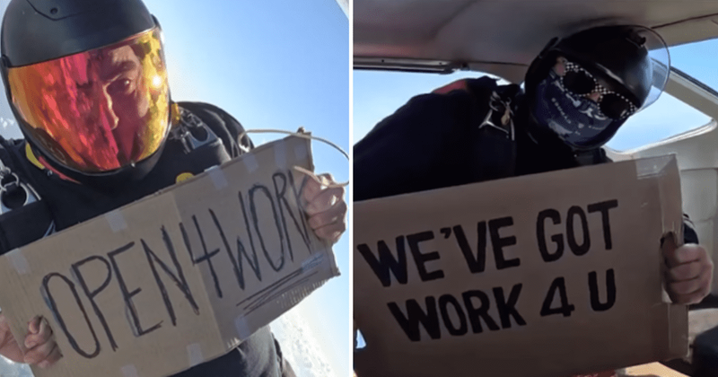 Man lands his dream job after skydiving with a sign that asks for work: 'Bold and daring'