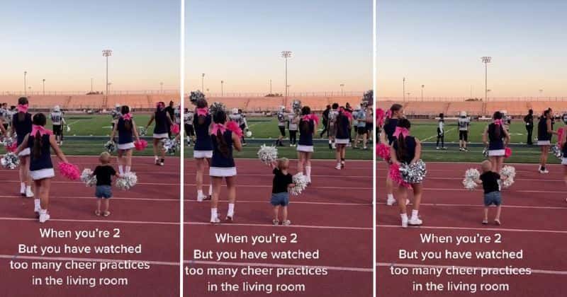 Toddler adorably joins his sister's cheerleading routine with her team and he's already a pro