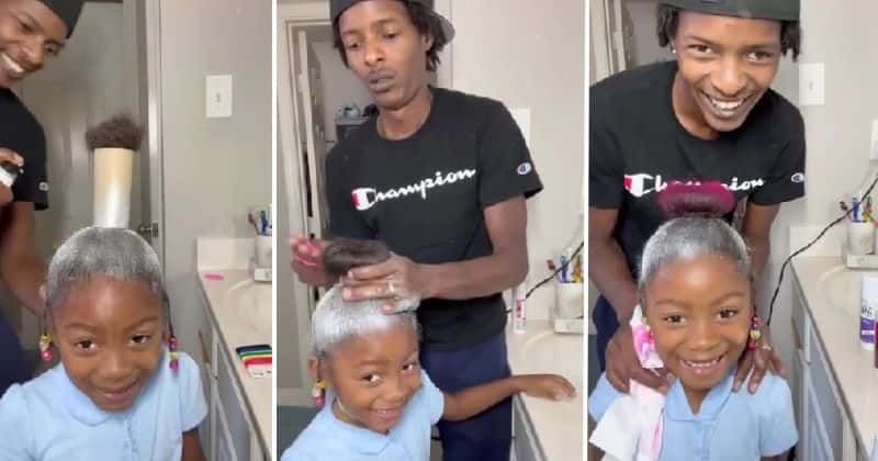 Dad creates core memory for daughter as he gives her a quirky hairstyle for crazy hair day at school