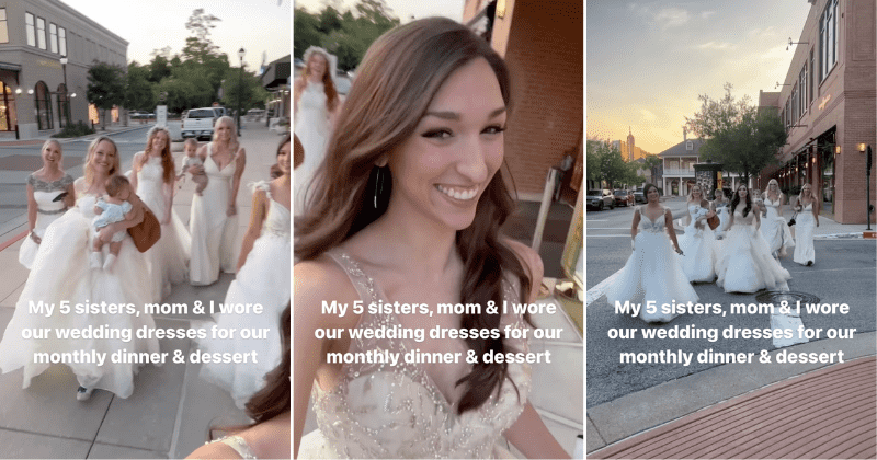 Mom and daughters wear wedding dresses to their monthly dinner and dessert date and it was adorable