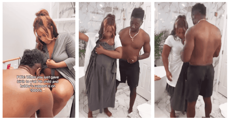 Husband assisting wife hours after childbirth shows that they are 'partners in everything'