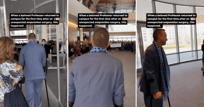 Beloved professor receives grand welcome back to campus after unexpected amputation surgery