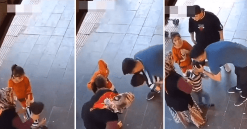 Child choking on a piece of candy is saved by a stranger using the Heimlich maneuver