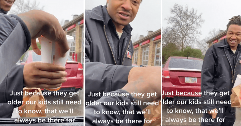Father brings lunch for his adult son at work to show him that he will 'always be there for him'