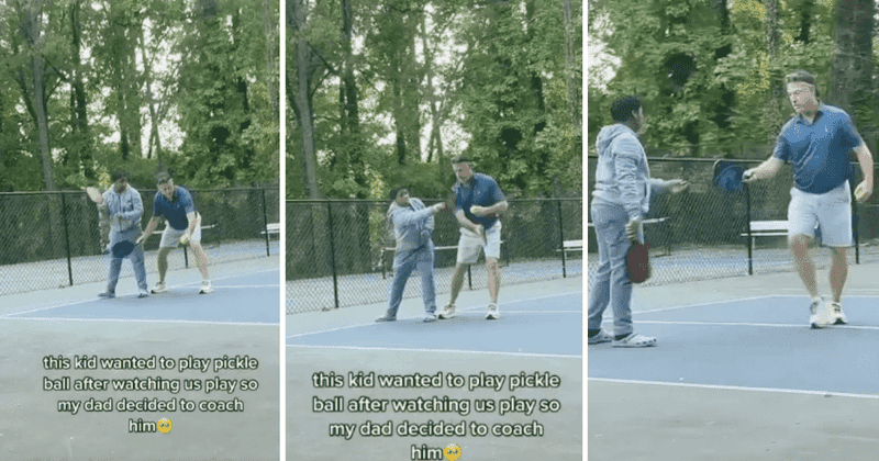 Dad playing pickleball with his son sees kid watching on and invites him to join them in adorable video