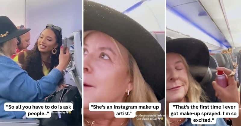 Woman can't hide excitement after makeup artist sitting next to her on flight obliges to do her makeup