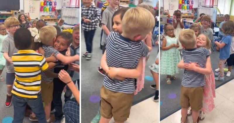 Boy who had to move away returns to school to meet his old friends and their reaction is so pure