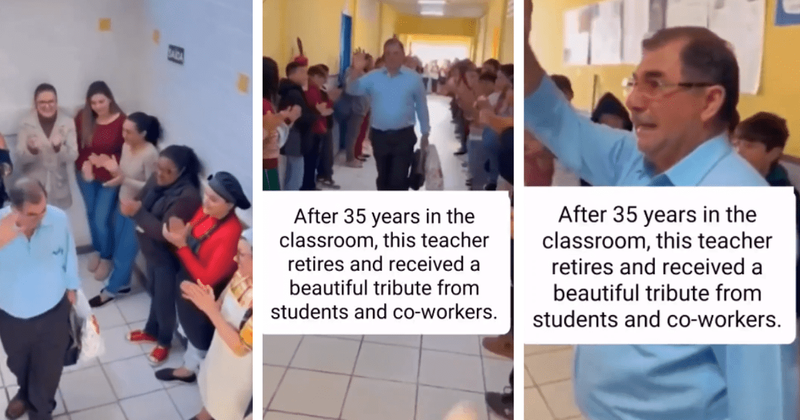 Teacher retires after 35 years and the whole school lines up to say goodbye in emotional video
