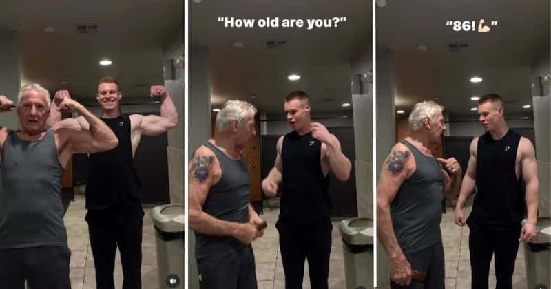 86-year-old man shows young bodybuilder how to flex in heartwarming moment of camaraderie